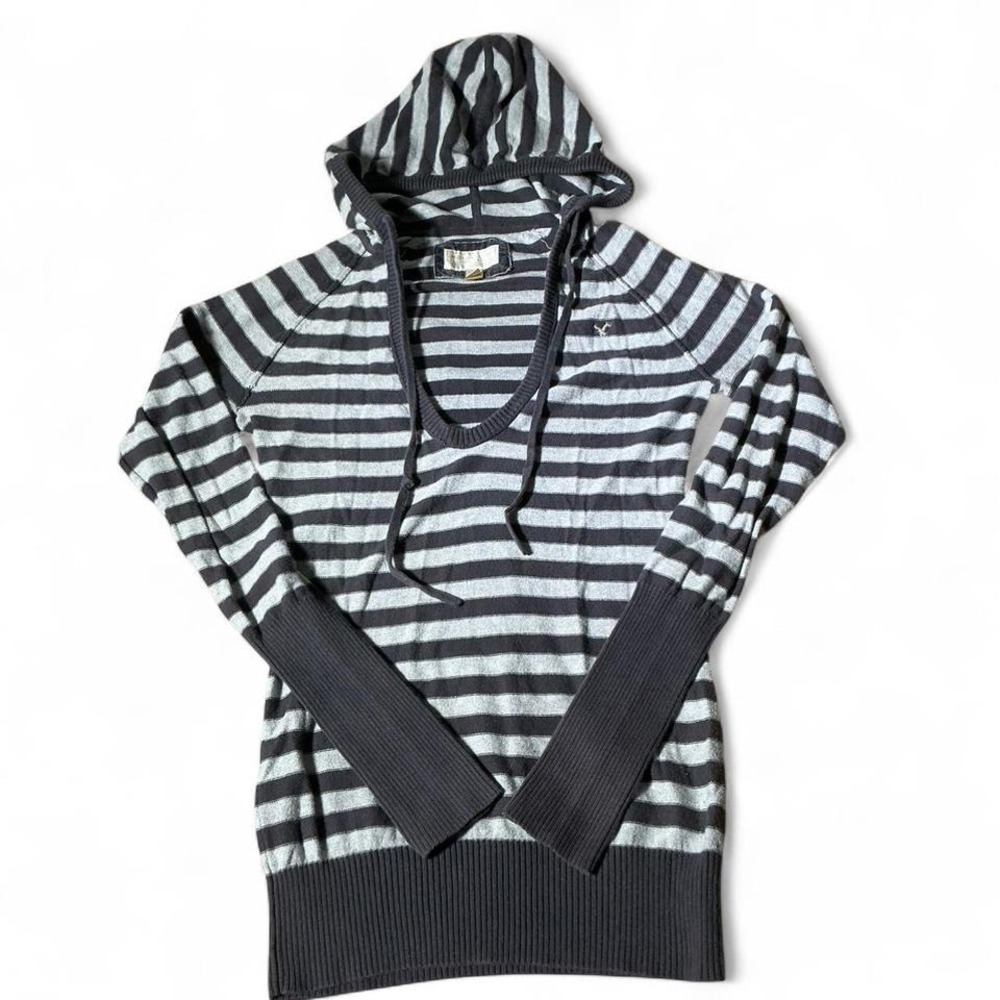 Y2K American Eagle Grey Striped Knit Hoodie V-Neck Sweater XS Elena Bella